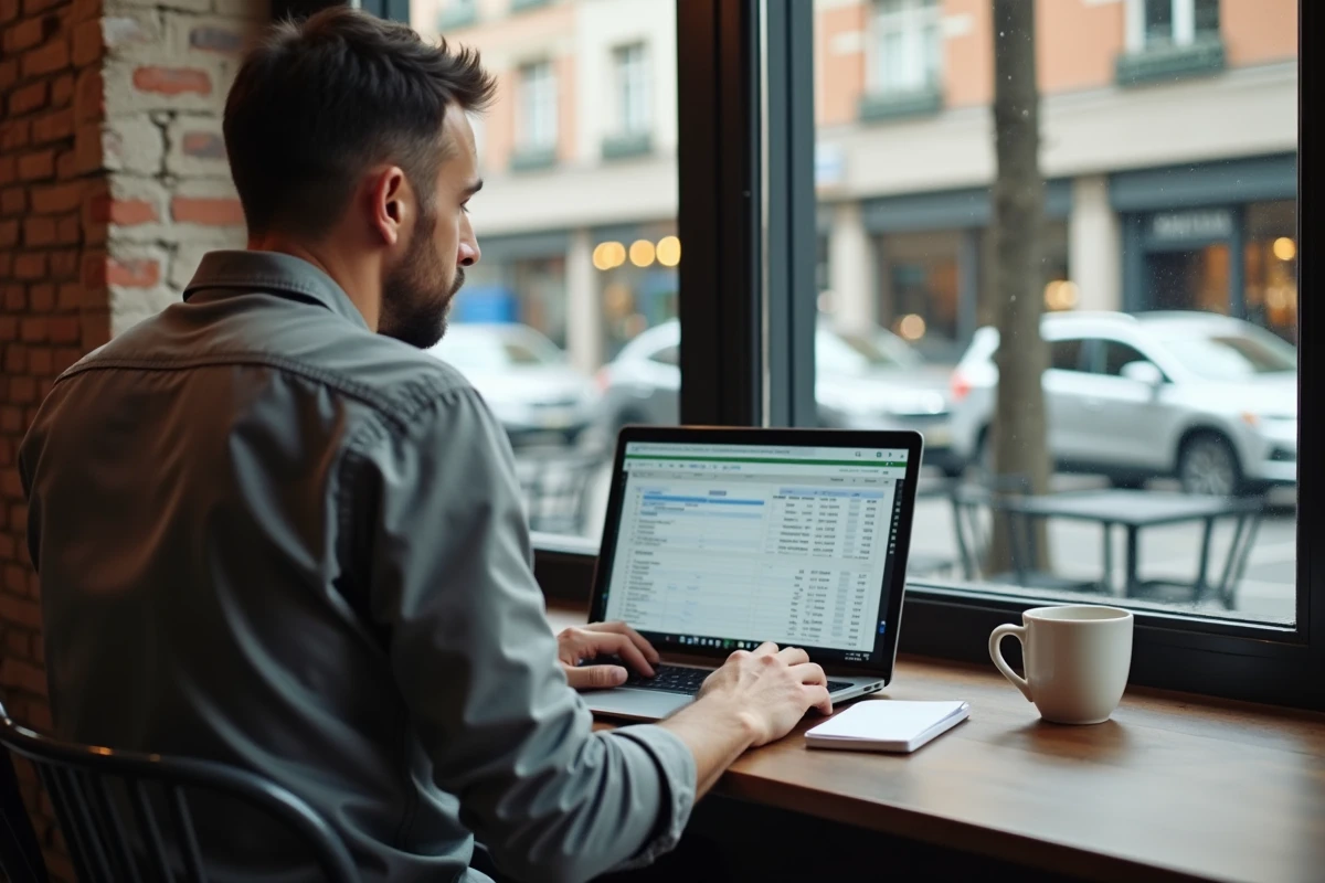 Homme au café travaillant sur une feuille de calcul