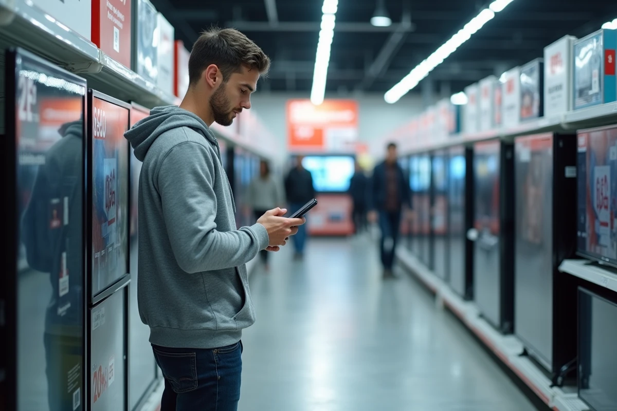 Homme comparant les prix en magasin pendant le Black Friday avec son smartphone dans un rayon électronique