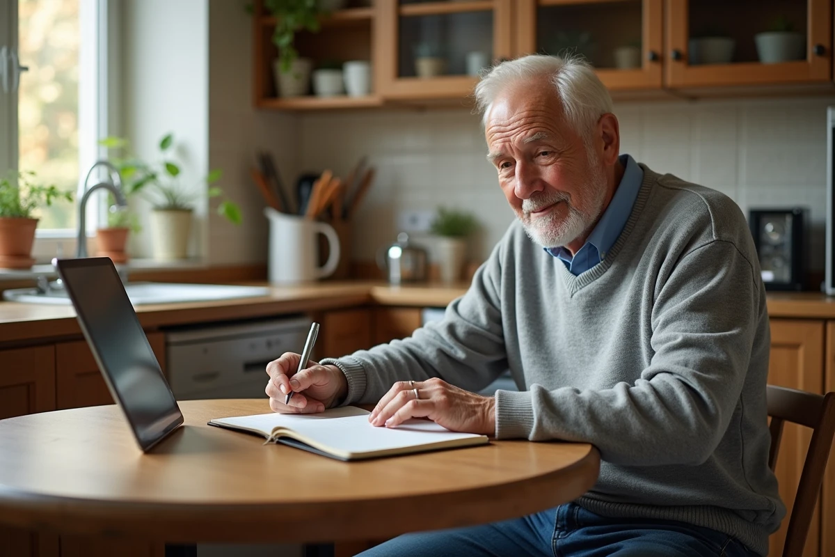 Homme âgé prenant des notes dans une cuisine lumineuse
