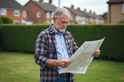Homme d'âge moyen examinant un plan de zonage en extérieur