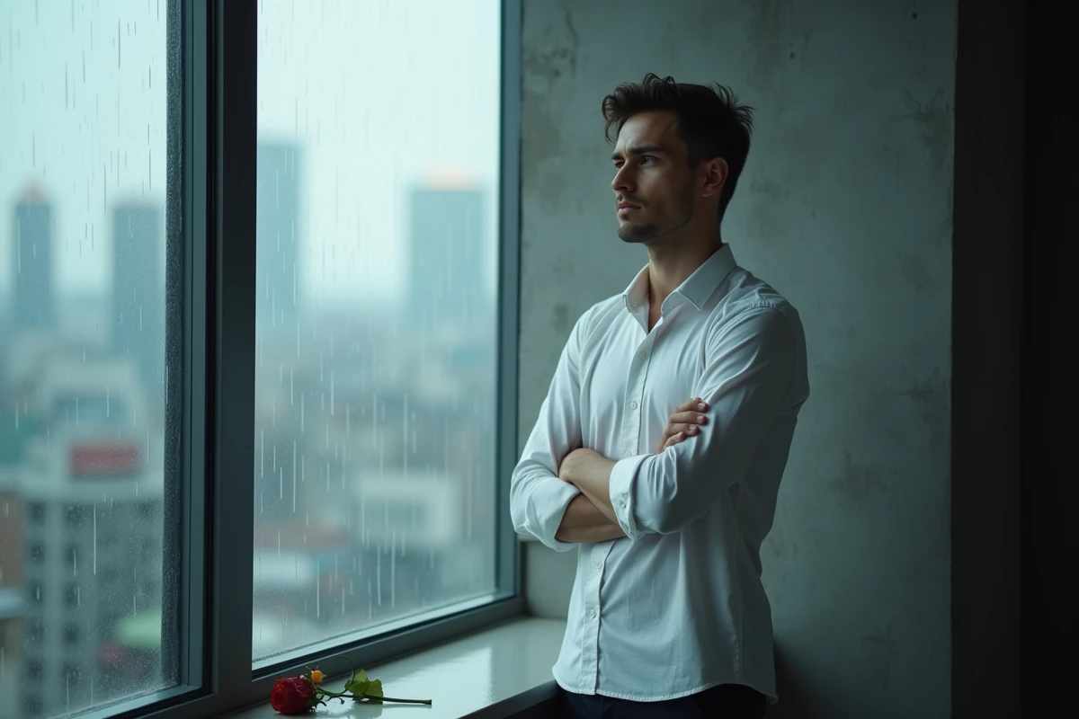 Homme pensif debout près d'une fenêtre pluvieuse avec une rose fanée, expression de résignation évoquant la trahison sentimentale en amour