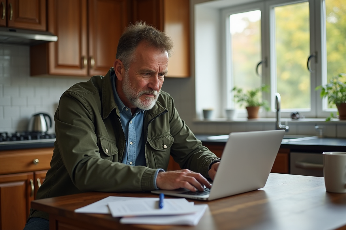 Homme remplissant formulaires dans sa cuisine