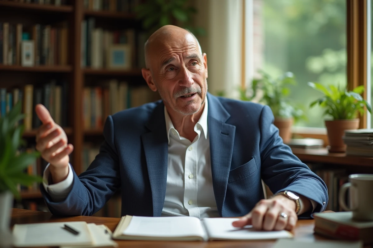 Homme âgé expliquant dans un bureau lumineux avec comics et plantes