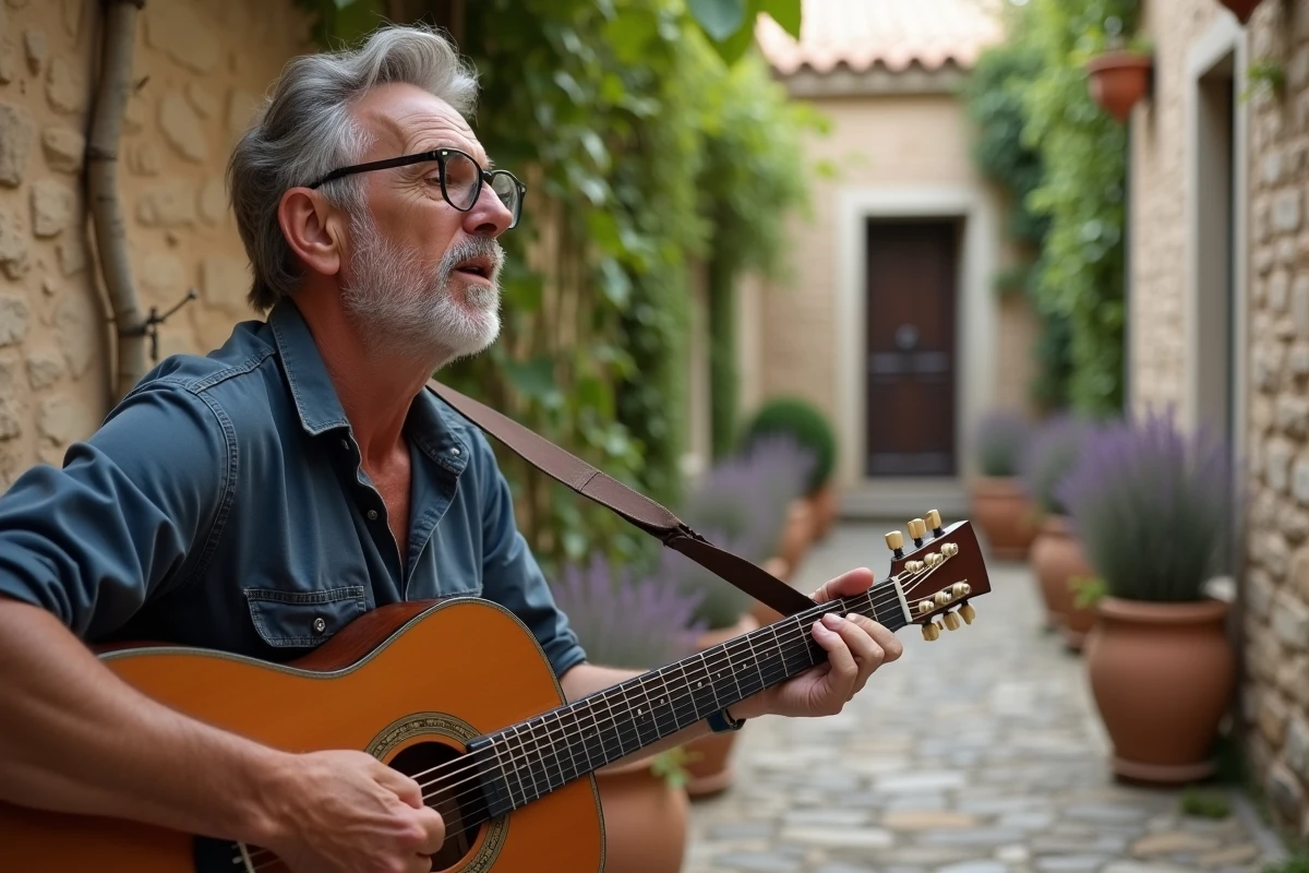 Homme d'âge mûr jouant et chantant Mistral Gagnant à la guitare sur une terrasse de village provençal