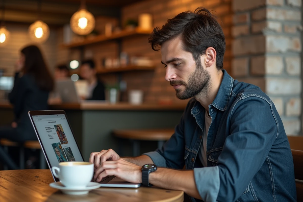 Homme consultant un site de scans manga en français sur son ordinateur portable dans un café