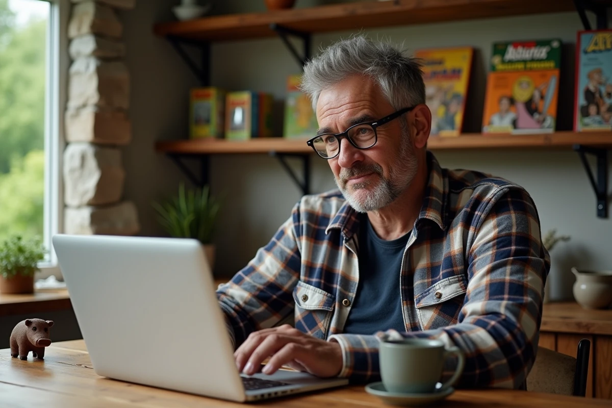 Homme d'âge moyen lisant un ordinateur avec des comics Astérix