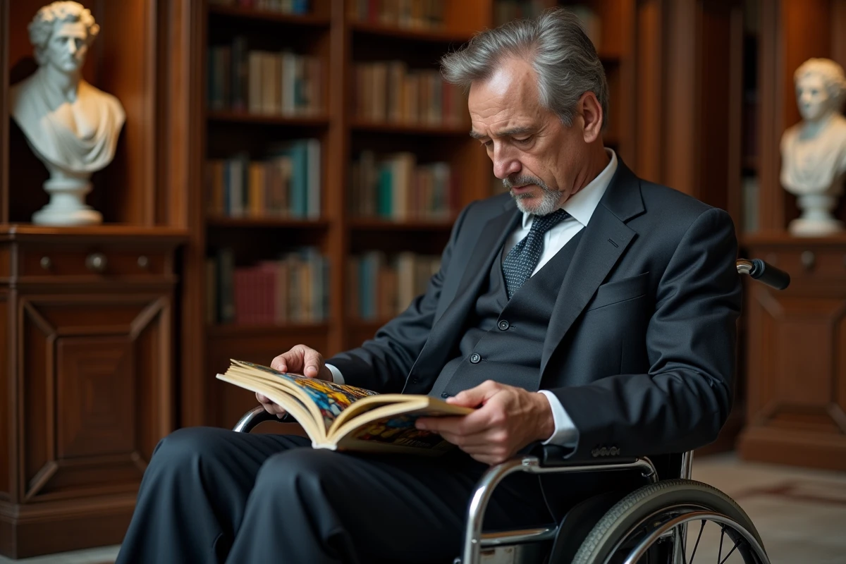 Homme d'âge moyen lisant un comic XMen dans une bibliothèque