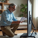 Homme d'âge moyen assemble un support d'écran de projection dans un salon moderne