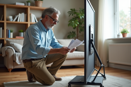 Homme d'âge moyen assemble un support d'écran de projection dans un salon moderne