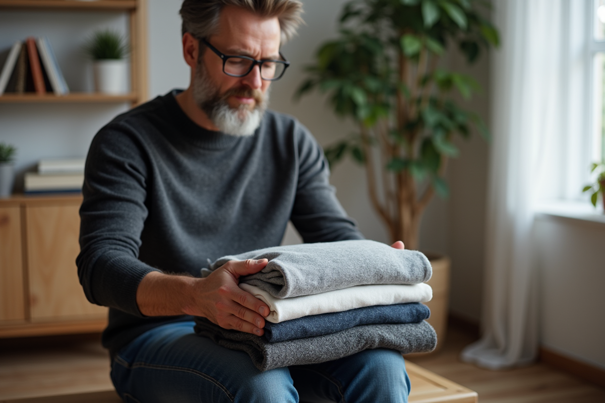 Homme pliant des vêtements dans un salon scandinave chaleureux