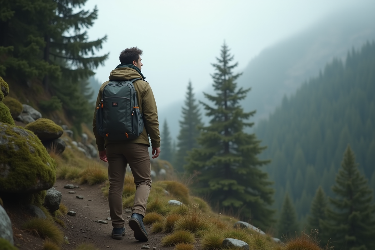 Jeune homme en randonnée dans la forêt de montagne