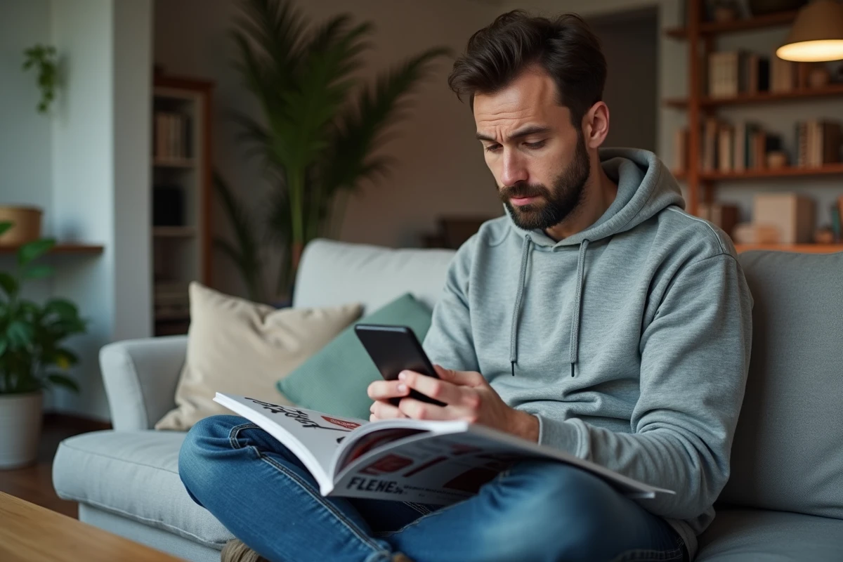Homme cherchant une solution de mots fléchés sur son smartphone avec un magazine ouvert sur les genoux