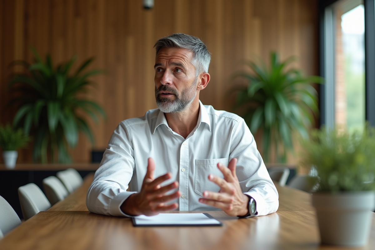 Homme en réunion dans un bureau durable avec plantes
