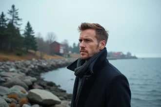 Homme pensif sur la côte scandinave au bord de l'eau