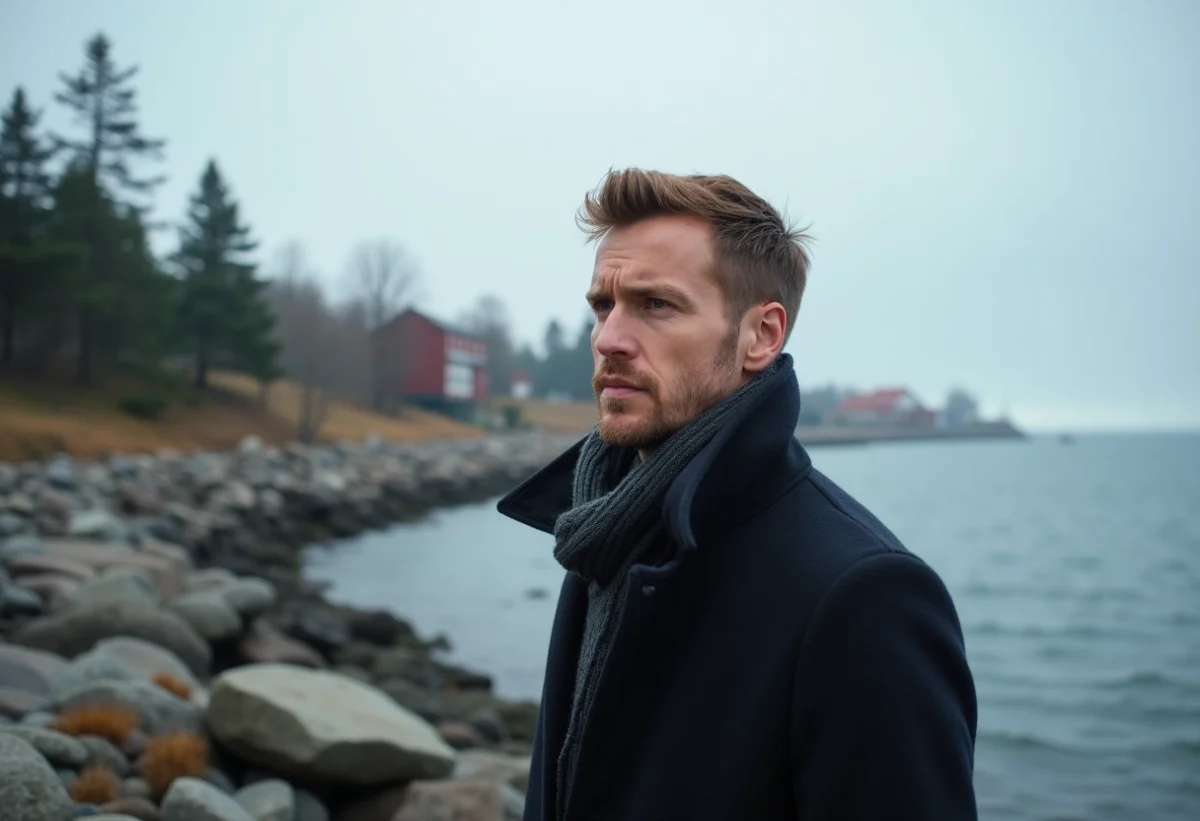 Homme pensif sur la côte scandinave au bord de l'eau