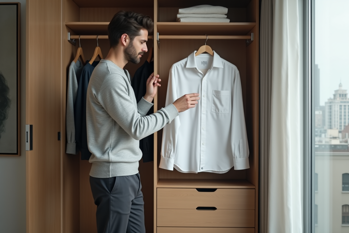 Homme choisissant une chemise blanche dans une garde-robe organisée
