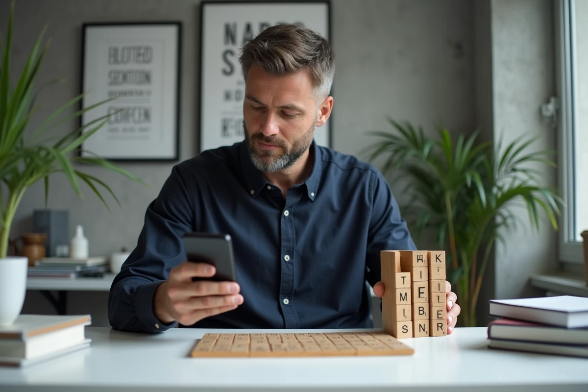 Homme consultant un solver de mots sur smartphone pour optimiser sa stratégie au Scrabble