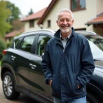 Homme souriant avec SUV dans un quartier résidentiel