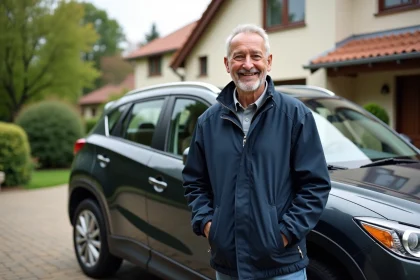 Homme souriant avec SUV dans un quartier résidentiel