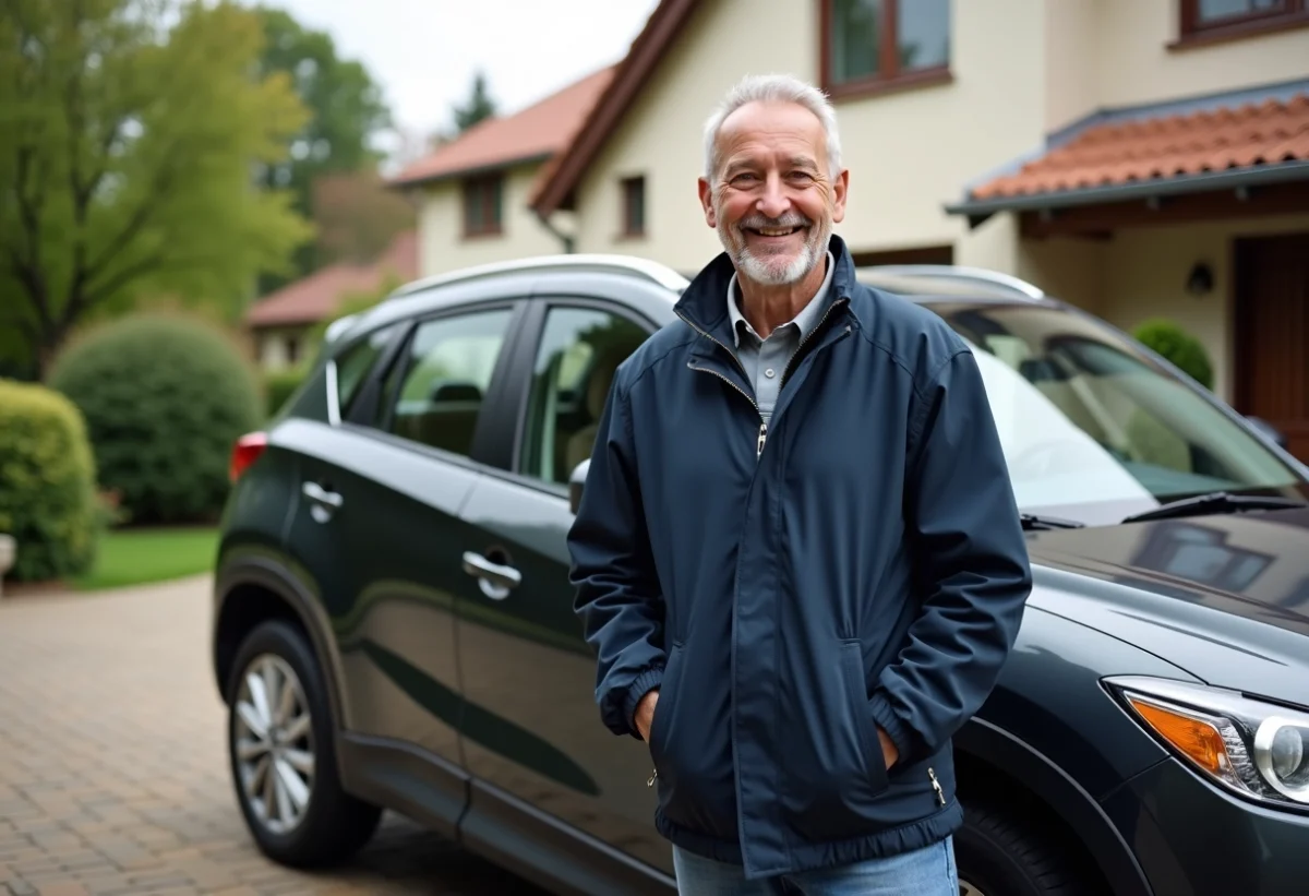 Homme souriant avec SUV dans un quartier résidentiel