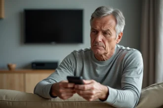 Homme tenant une télécommande Freebox avec une expression perplexe devant sa Freebox Delta dans un salon moderne