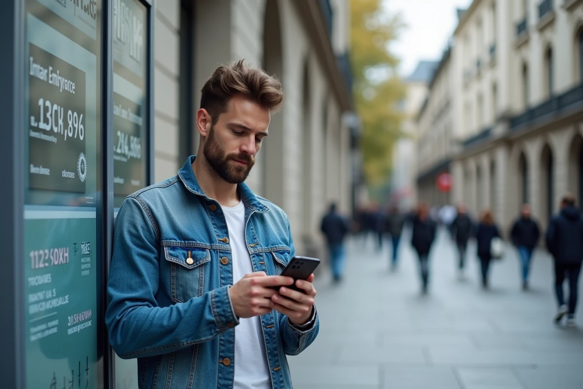 Homme examinent des statistiques économiques sur son smartphone