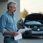 Homme regardant une fiche technique voiture en extérieur