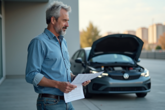 Homme regardant une fiche technique voiture en extérieur