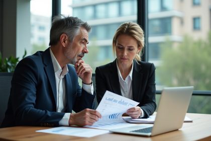Homme et femme d'affaires analysant des données économiques