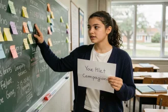 Jeune déléguée de classe présentant ses idées de campagne au tableau devant ses camarades