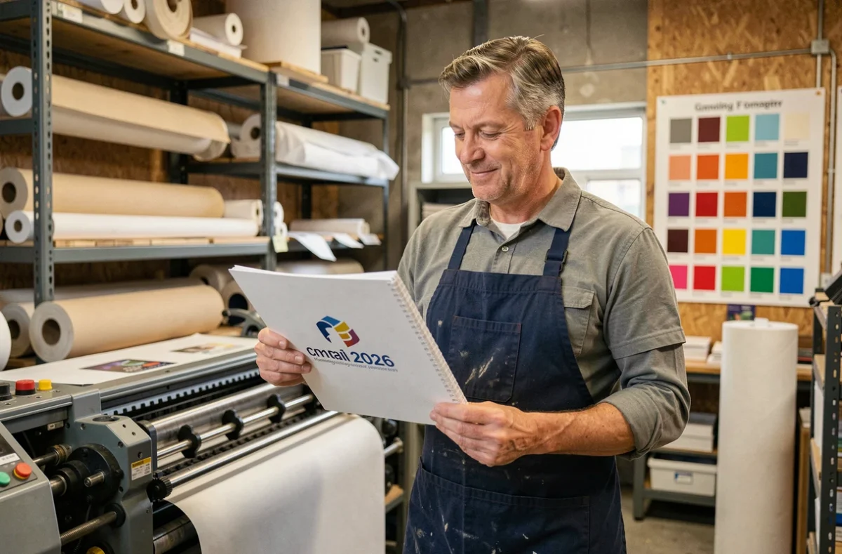 Graphiste en imprimerie tenant un calendrier d'entreprise 2026 imprimé avec logo dans un atelier professionnel