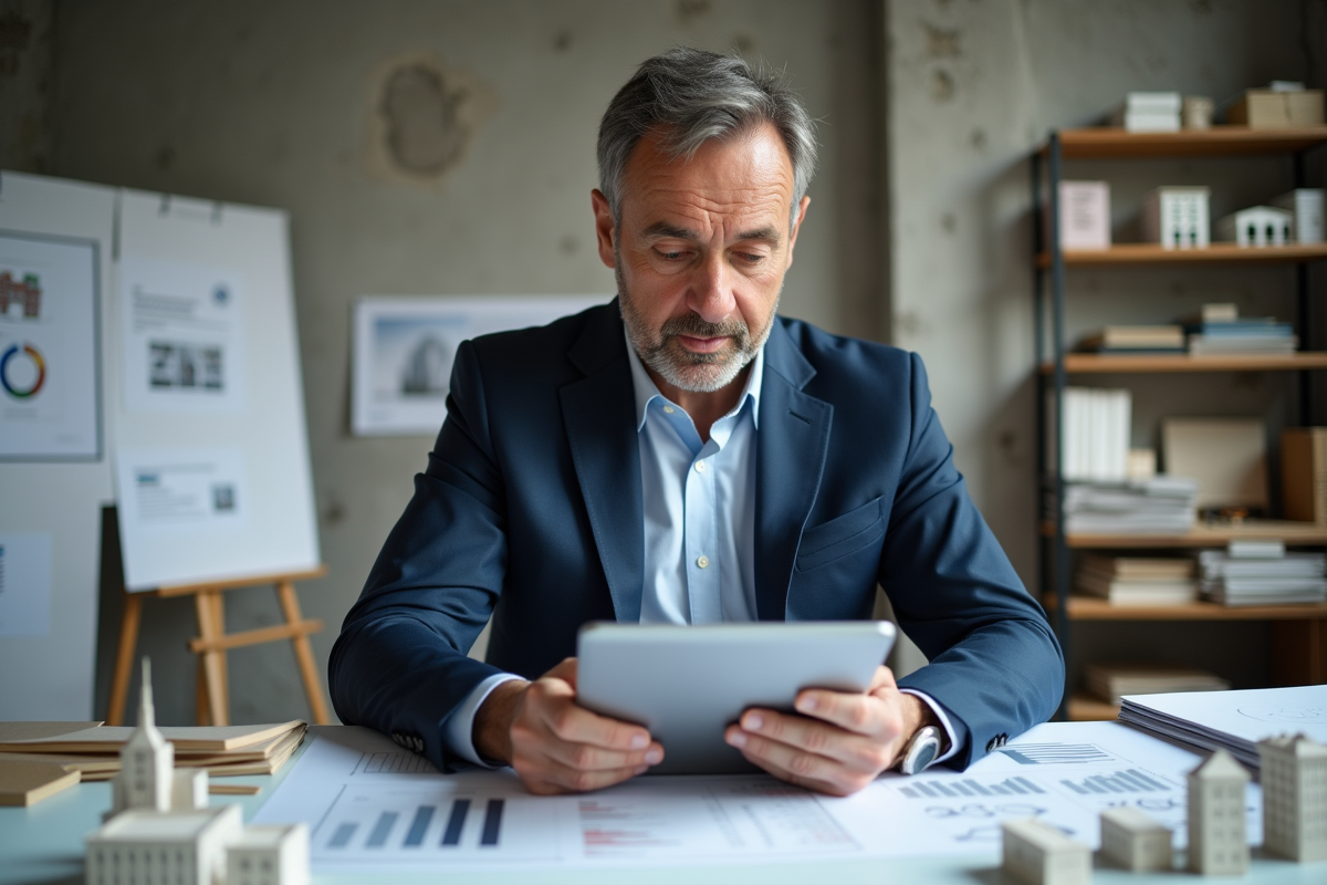Investisseur immobilier examinant des maquettes et graphiques sur une tablette