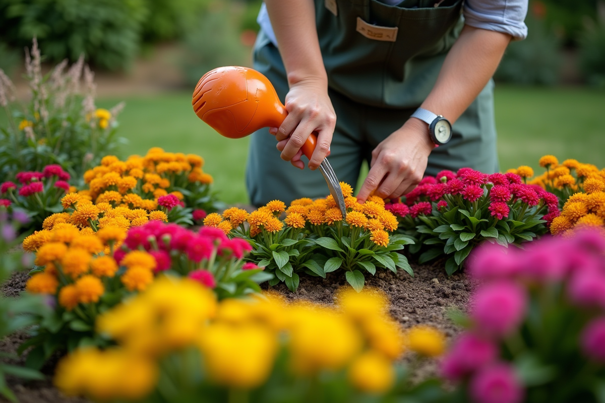 Jardinier taillant et arrosant des fleurs en extérieur