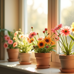 Vase de fleurs en pleine floraison sur un rebord de fenêtre