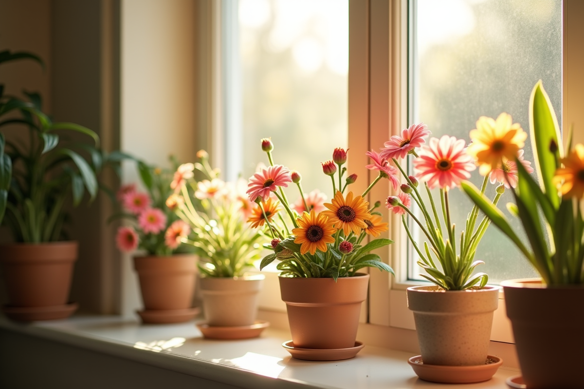 Vase de fleurs en pleine floraison sur un rebord de fenêtre