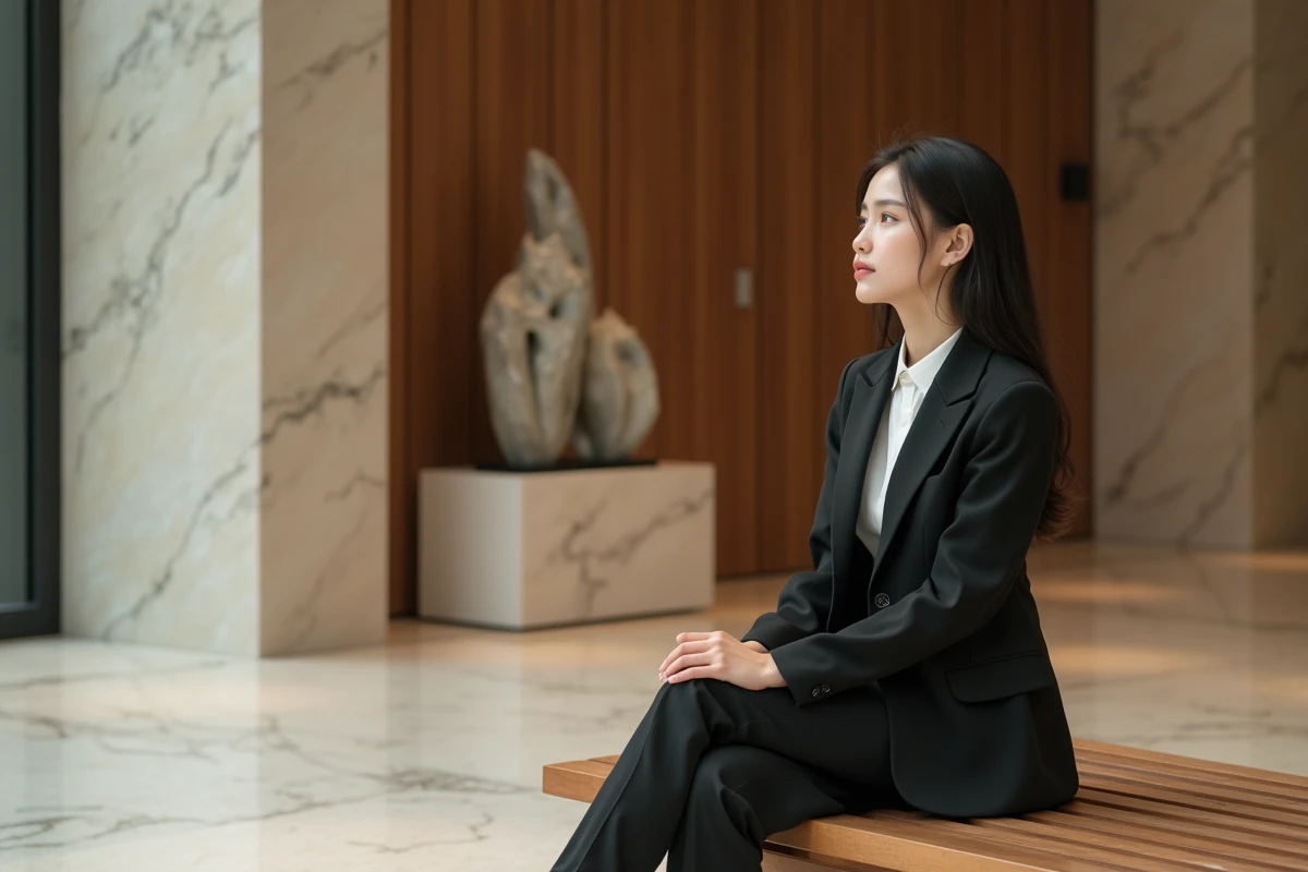 Jeune actrice asiatique en costume dans un lobby moderne