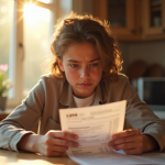 Jeune adulte inquiet vérifiant un relevé bancaire à la maison