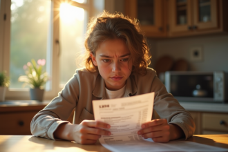 Jeune adulte inquiet vérifiant un relevé bancaire à la maison