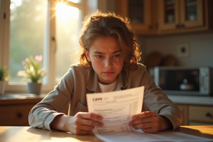Jeune adulte inquiet vérifiant un relevé bancaire à la maison