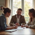 Couple signant des documents avec agent immobilier dans un salon lumineux