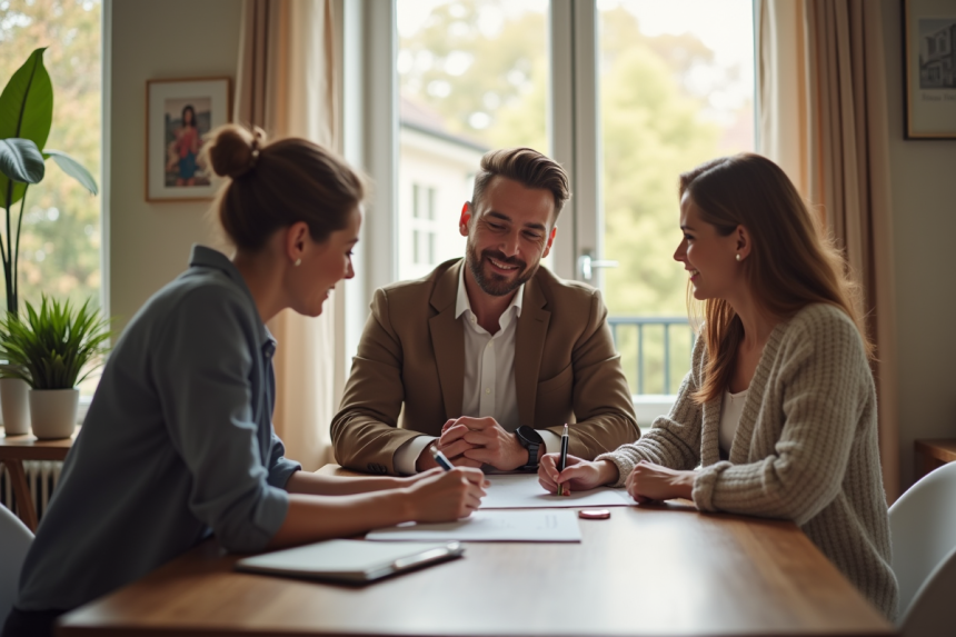 Couple signant des documents avec agent immobilier dans un salon lumineux