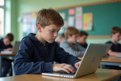 Jeune garçon en classe regardant son ordinateur portable