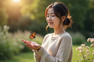 Jeune femme dans un jardin avec un papillon sur la main