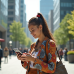 Jeune femme stylée avec vêtements recyclés dans la ville 2025