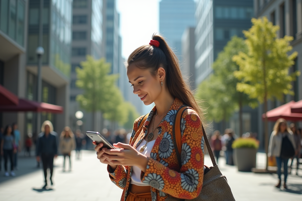 Jeune femme stylée avec vêtements recyclés dans la ville 2025