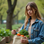 Jeune femme en vêtement écologique dans un parc urbain