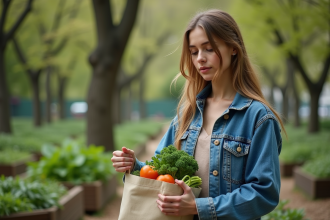 Jeune femme en vêtement écologique dans un parc urbain