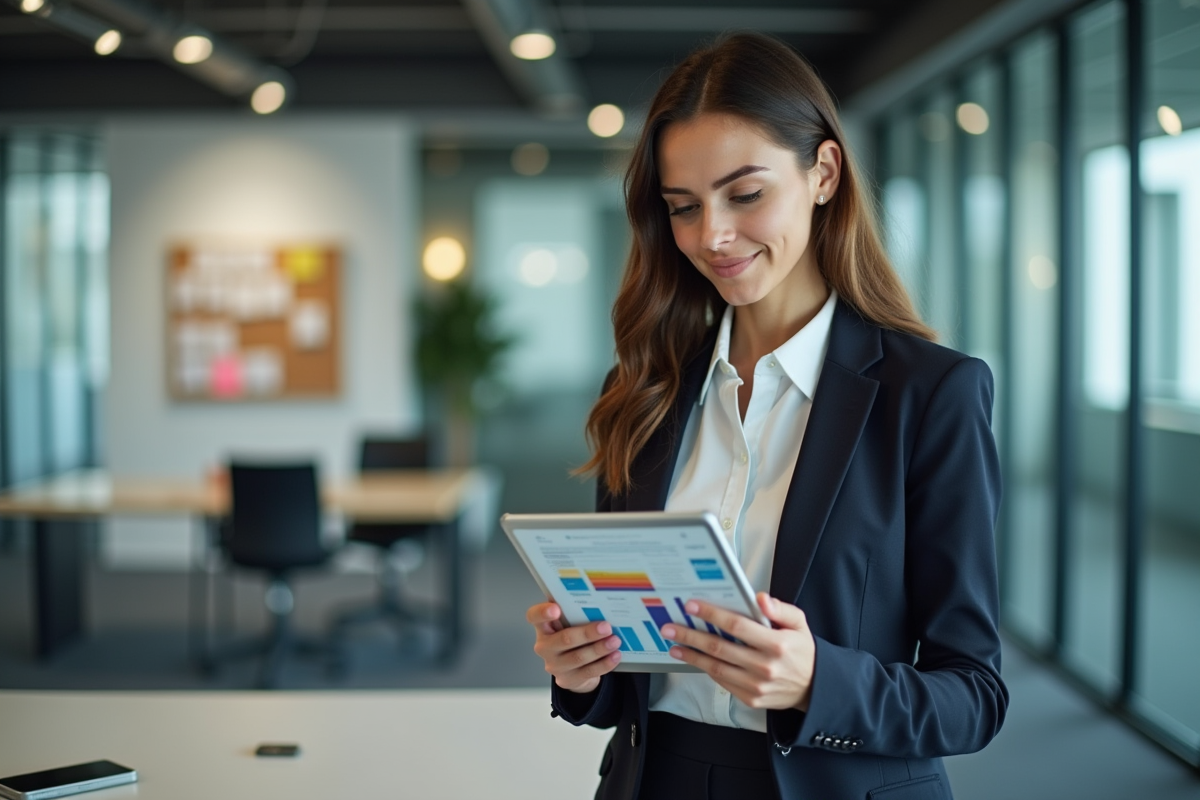 Jeune femme professionnelle analysant des graphiques financiers
