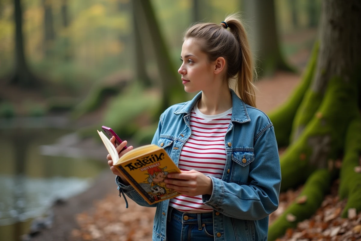 Jeune femme regardant un comic Astérix en plein air dans la forêt