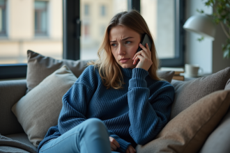 Jeune femme inquiète parle au téléphone dans un appartement